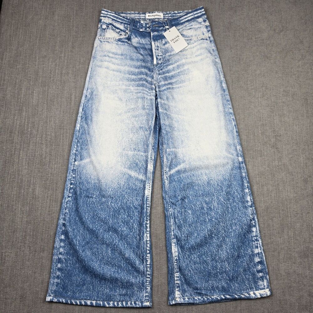 Mila Rosabella Womens Medium Acid Wash Wide Leg Pants Printed Denim Stretch NWT